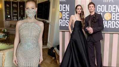 حفل توزيع جوائز جولدن جلوب 2023.. إيدي ريدماين وزوجته يخطفان أنظار الحضور وجيسيكا تشاستين ترتدي كمامة بالترتر | صور