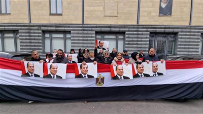 بصور الرئيس السيسي.. احتفالات المصريين أمام السفارة الألمانية بعيد الشرطة وثورة 25 يناير